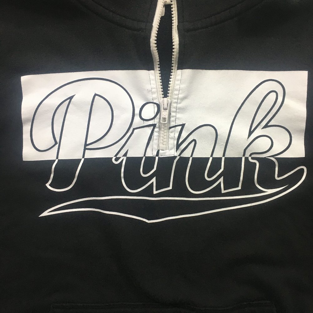 PINK Victorias Secret Womens M Black White Graphic 1/4 Zip Collared Sweatshirt - Picture 5 of 7
